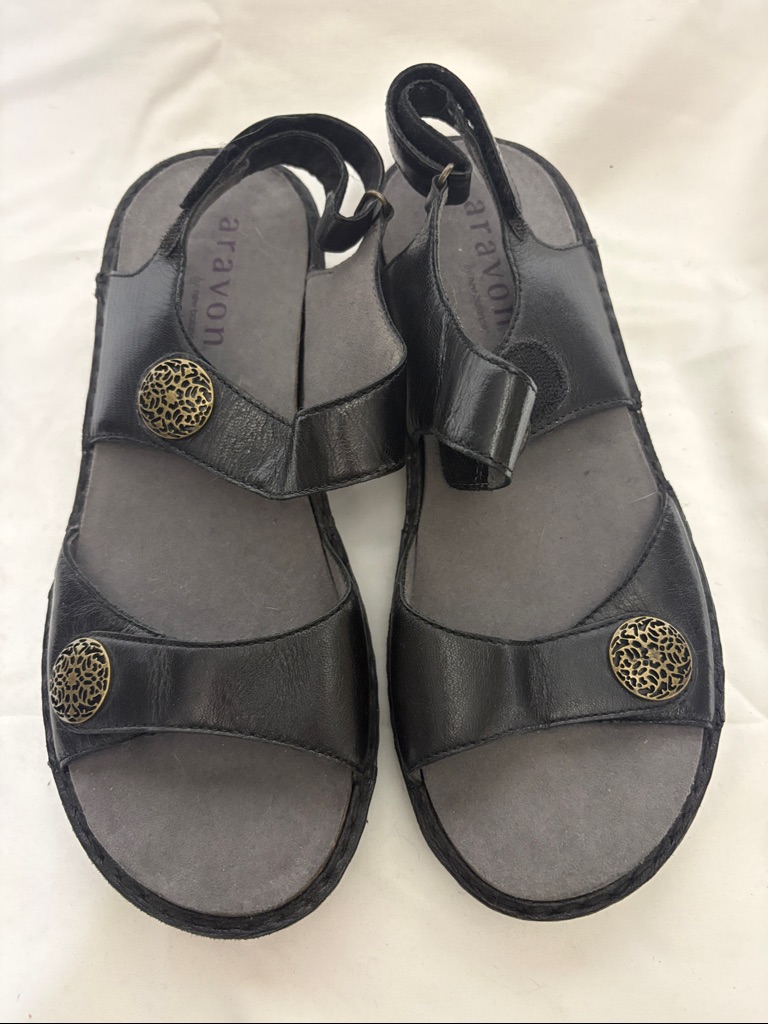 Aravon Black Leather Slingback Sandals With Decorative Gold Medallions